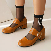 Patent Leather Mary Jane Shoes With Pearl Chunky Heels